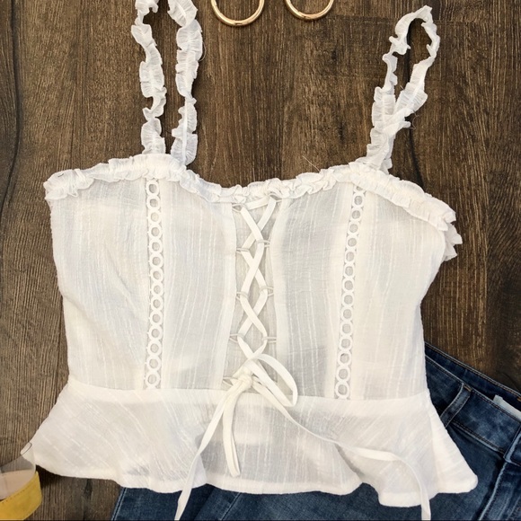 White Lace Up Detail Frill Trim Peplum Crop Top - Picture 7 of 8